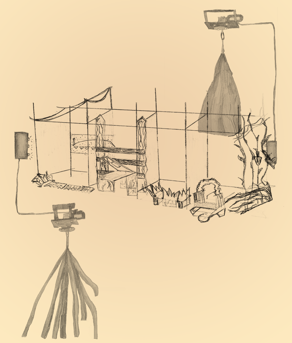 A black and white sketch of the exhibition plan for Waethered Together