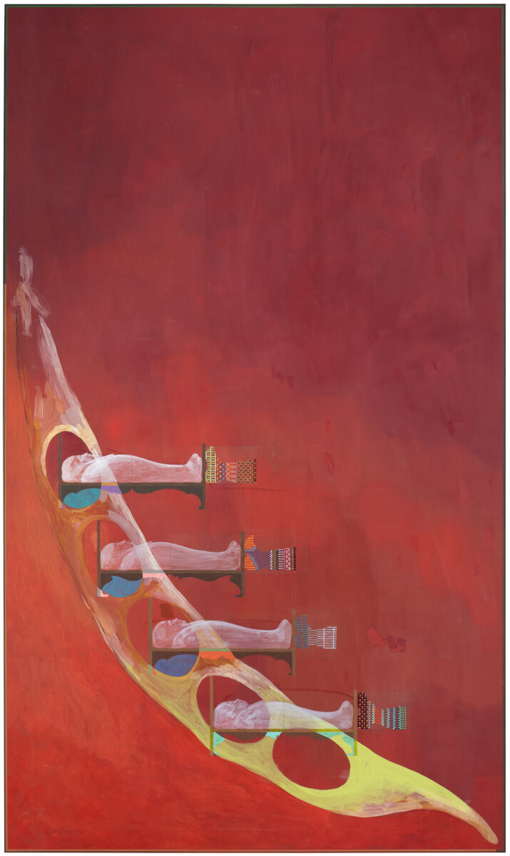 Kasper Bosmans, Great Shoes to Fill, 2026. Acrylic dispersion, pencil on silverpoint on oak panel, 110 × 65 cm. Courtesy the artist and Gladstone Gallery, Brussels. Photo: Jussi Tiainen