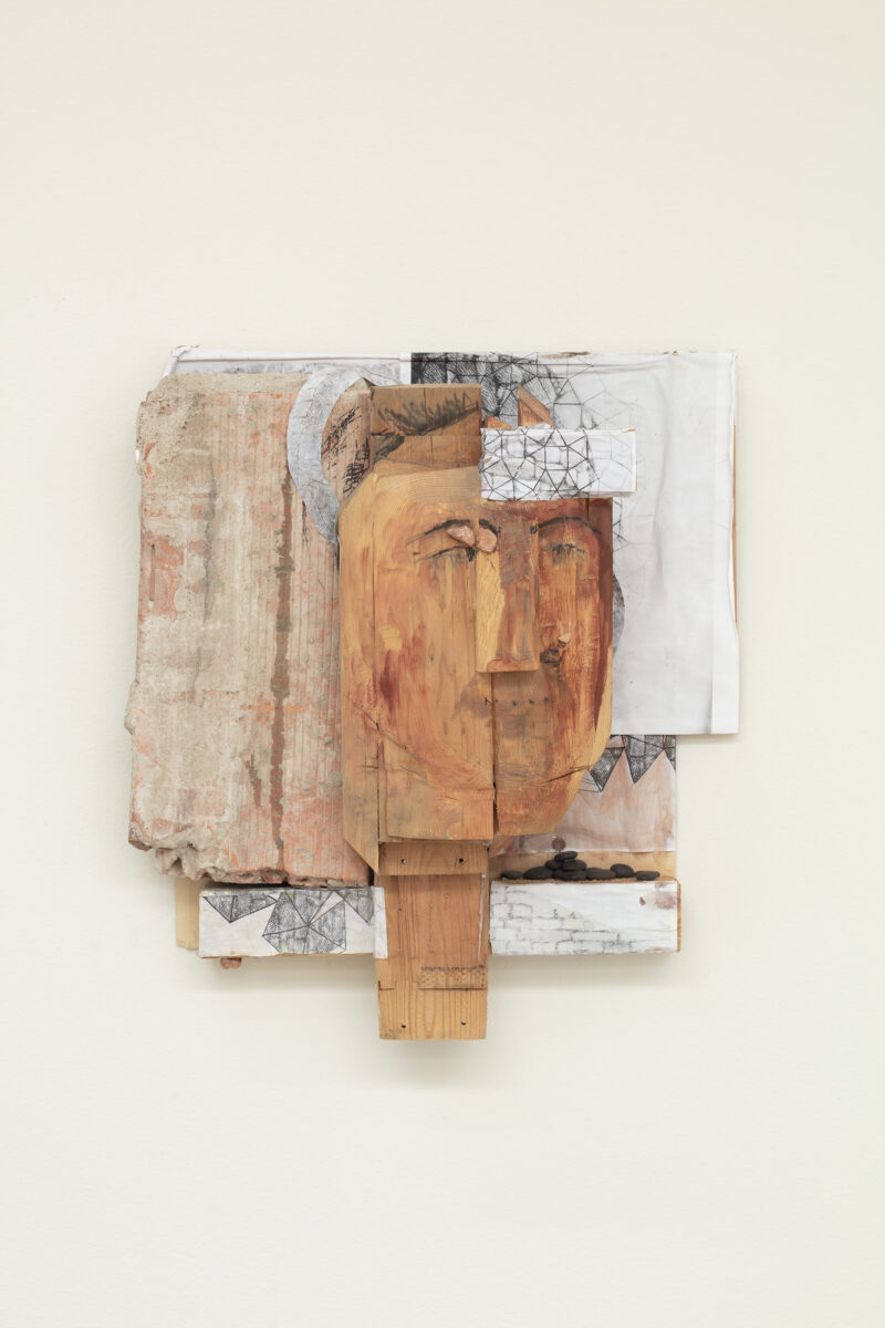 Róza El-Hassan, Portrait of Charlotte Bühler, 2015. Wood, paper, brick, plaster
